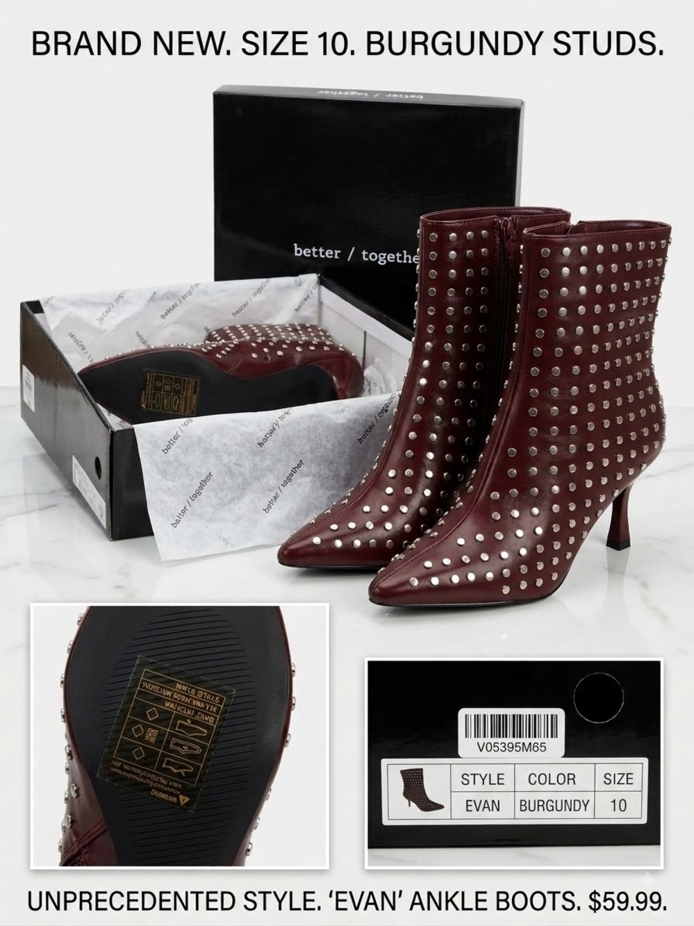Size 10 burgundy silver studded 2”heel ankle boots
